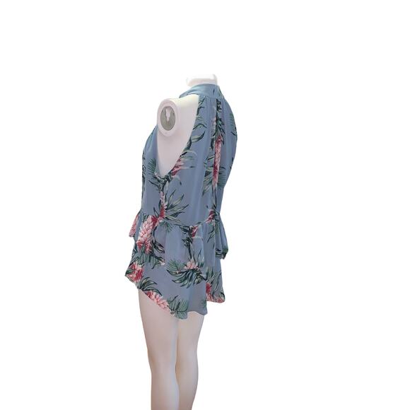 Belle Vere Blue Floral Chiffon Tiered Ruffle Sleeveless Dressy Blouse M - Picture 3 of 5